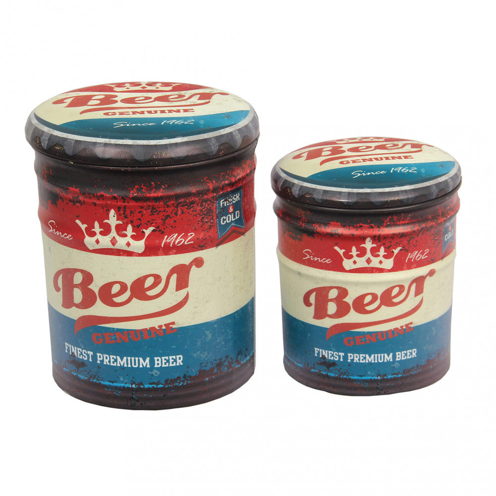 Set di 2 pouf contenitore tondo birra blu e rosso