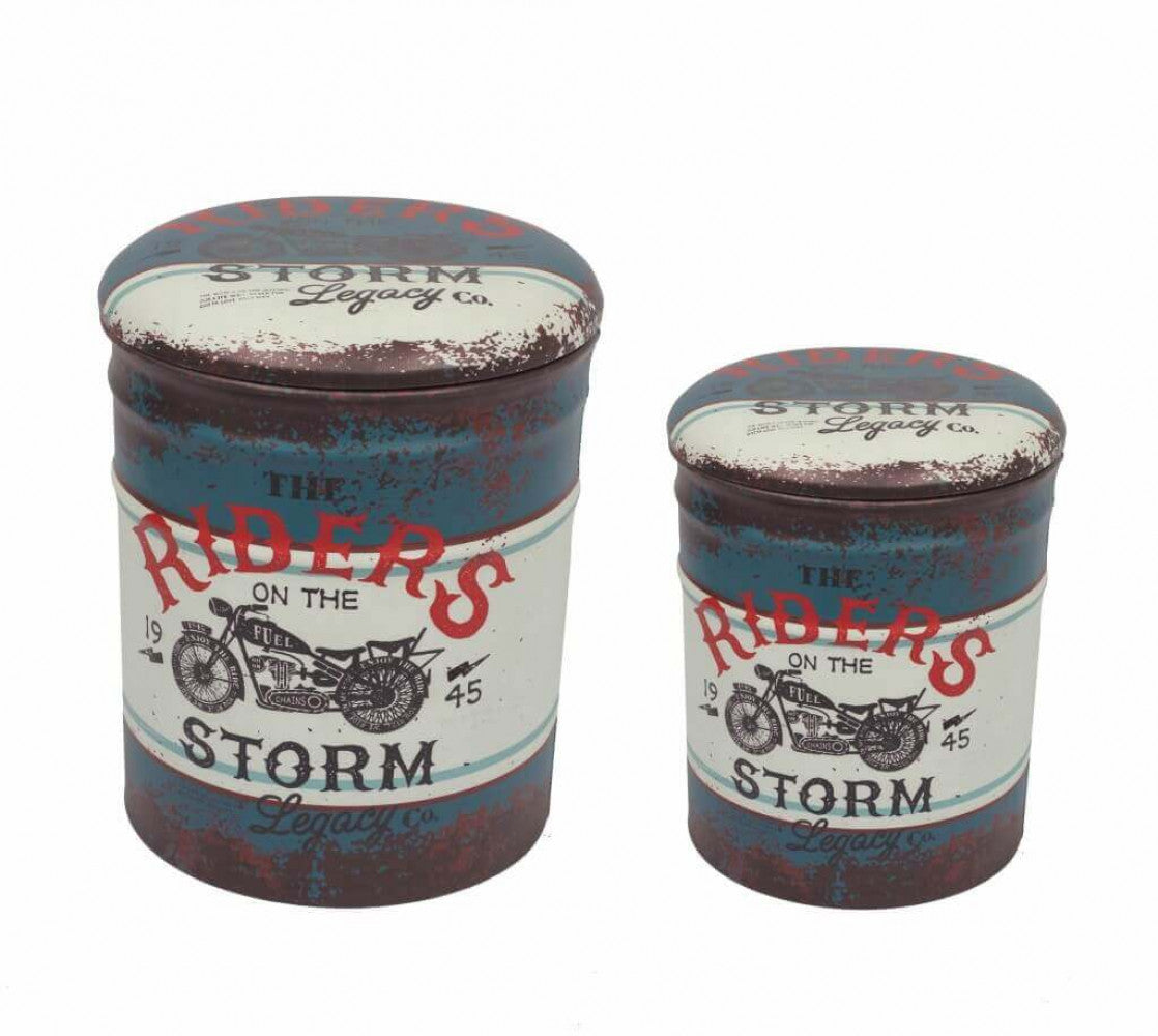 Set di 2 pouf contenitore tondo moto blu