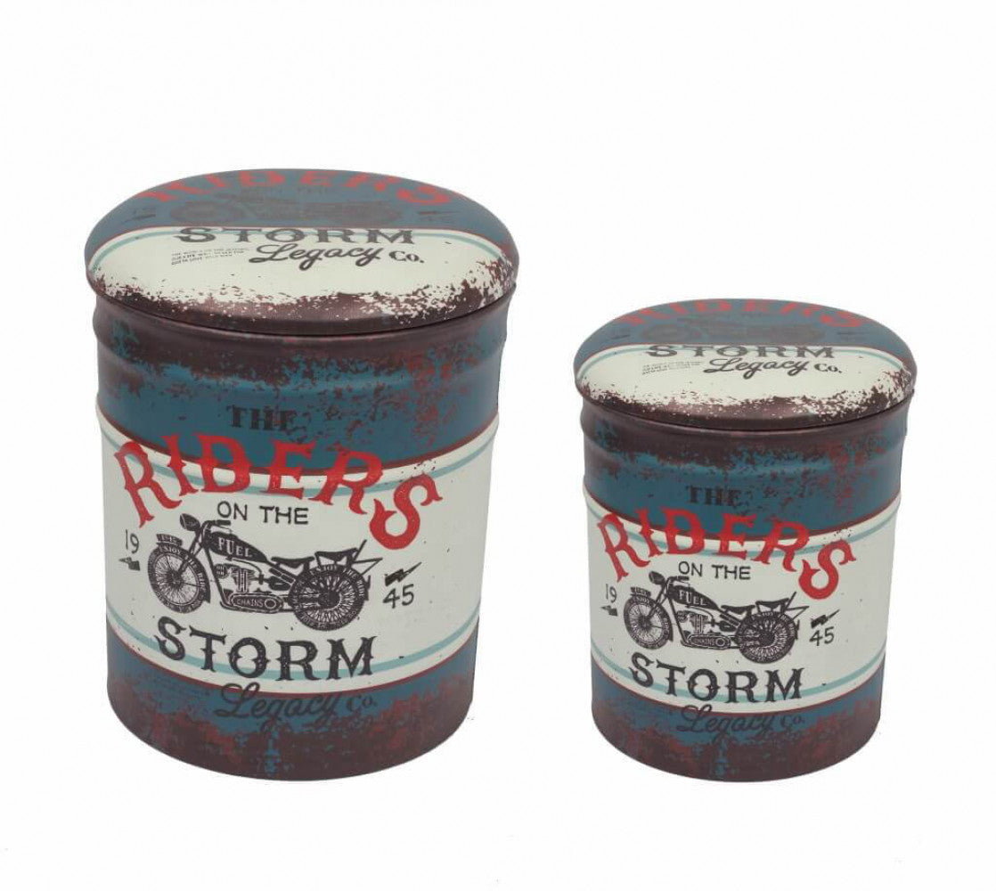 Set di 2 pouf contenitore tondo moto blu