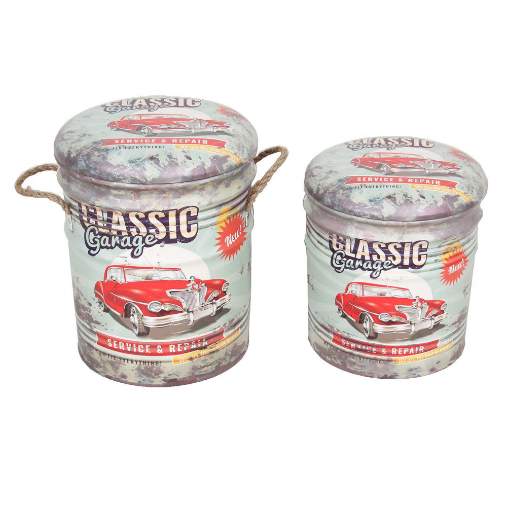 Set di 2 pouf contenitore tondo verde chiaro/bianco