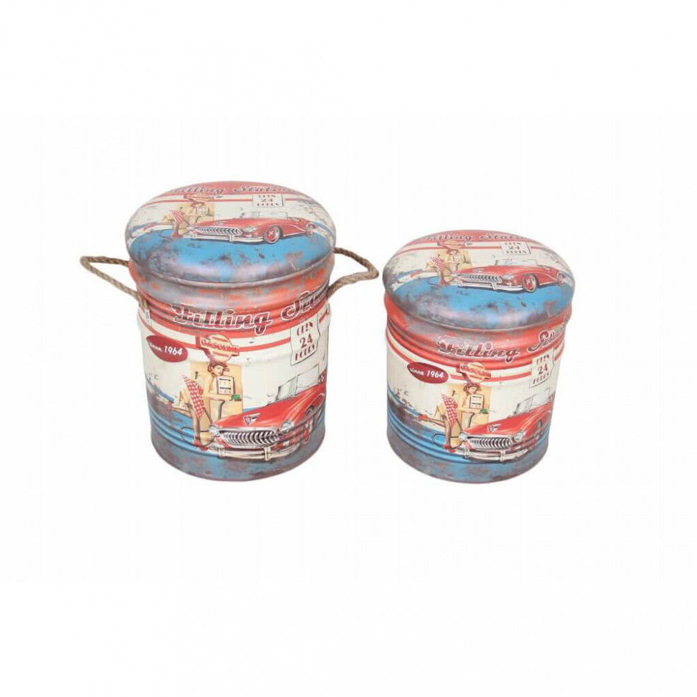 Set di 2 pouf contenitore tondo azzurro/bianco