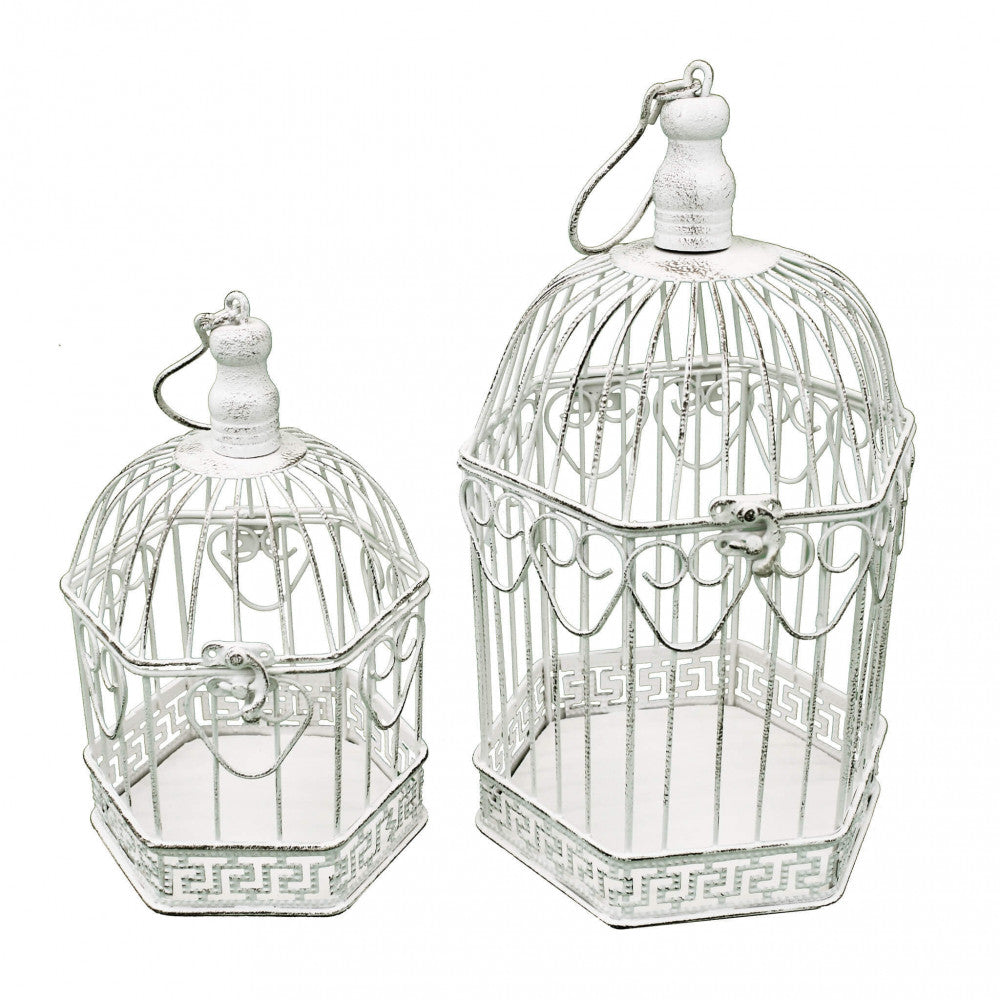 Set of 2 antique white hexagonal Sophie cages