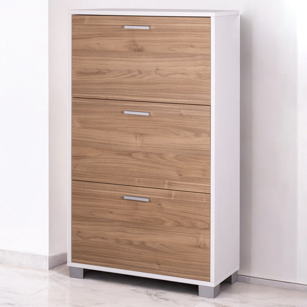 A763bfns scarpiera 3 ante p.29 bianco fiammato e noce stelvio