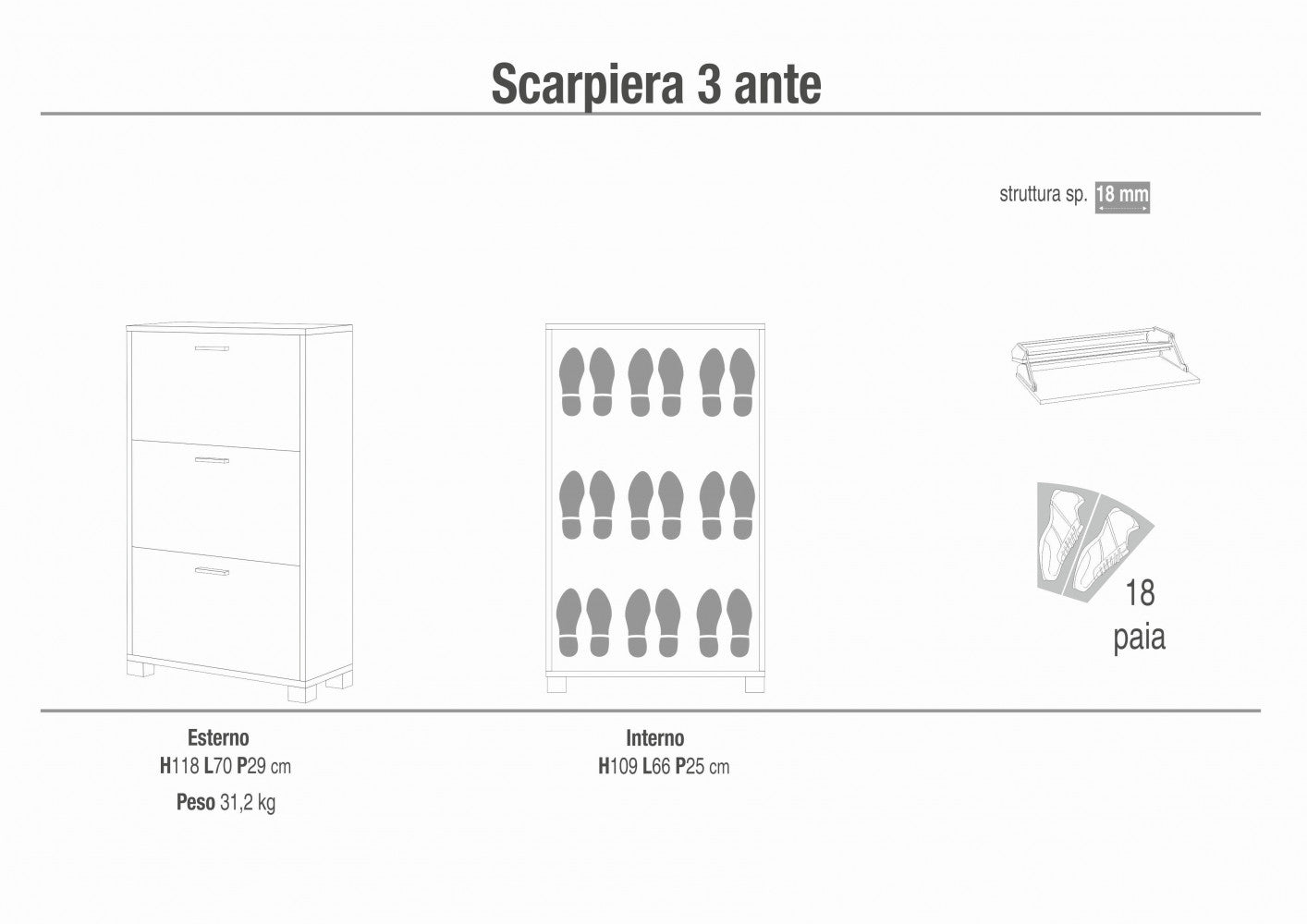 A763ttqb030 scarpiera 3 ante p.29 titanio e quercia bianco