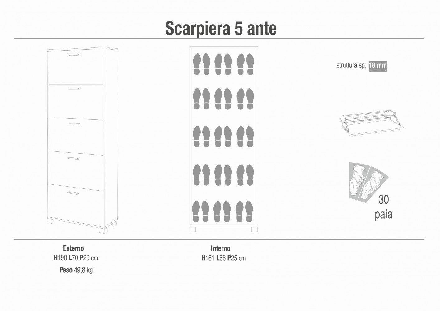 A765ttqb030 scarpiera 5 ante p.29 titanio e quercia bianco
