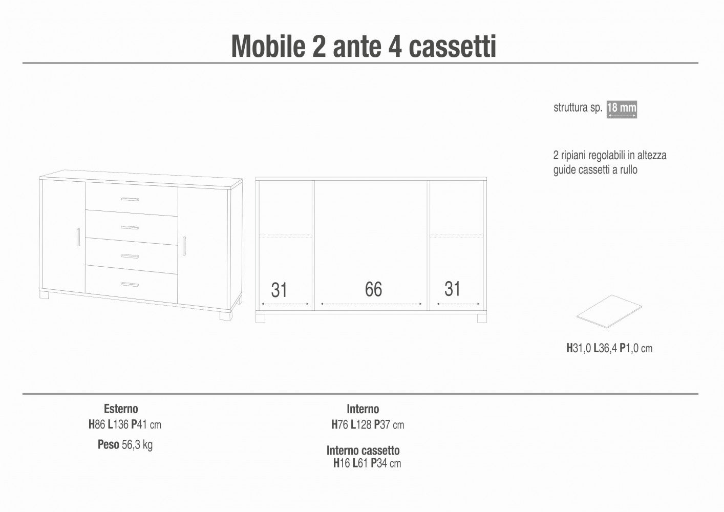 A775ttqb030k mobile 2 ante 4 cassetti - kit titanio e quercia bianco