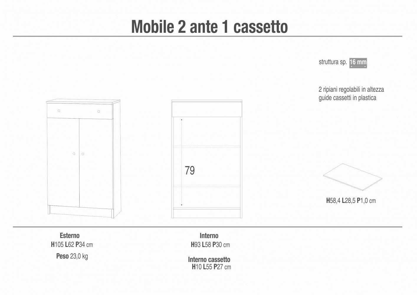 A14100bi mobile 2 ante 1 cassetto bianco liscio e bianco liscio