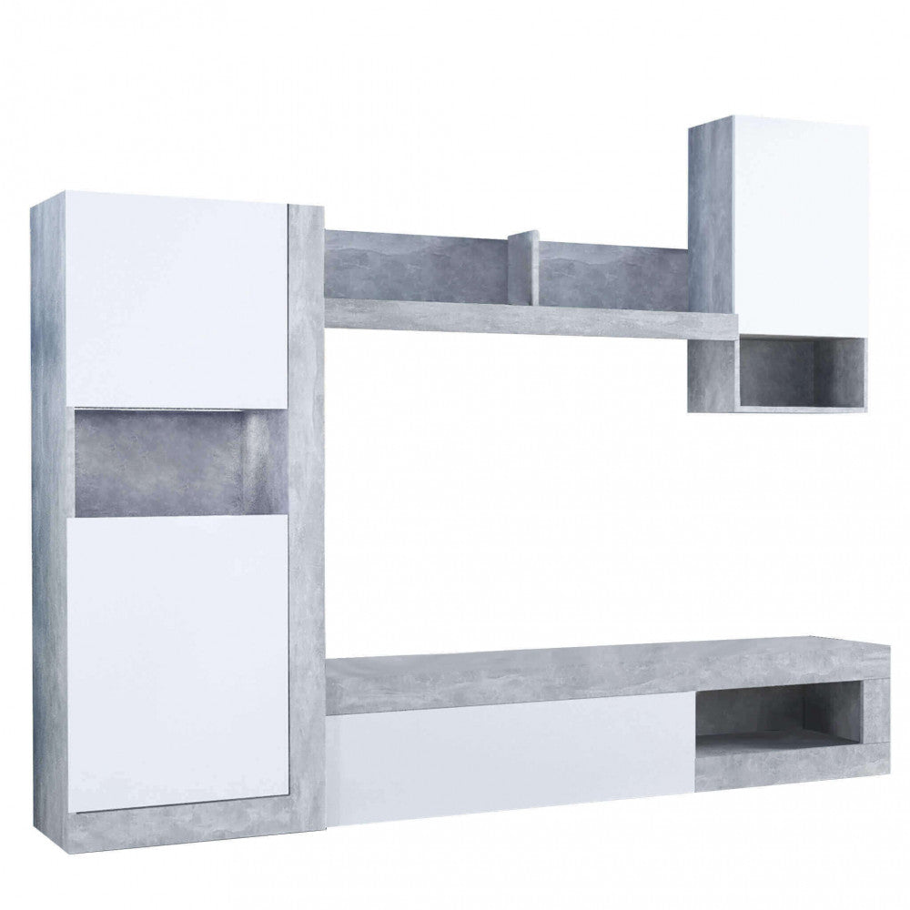 Parete soggiorno roomy bianco e grigio effetto cemento