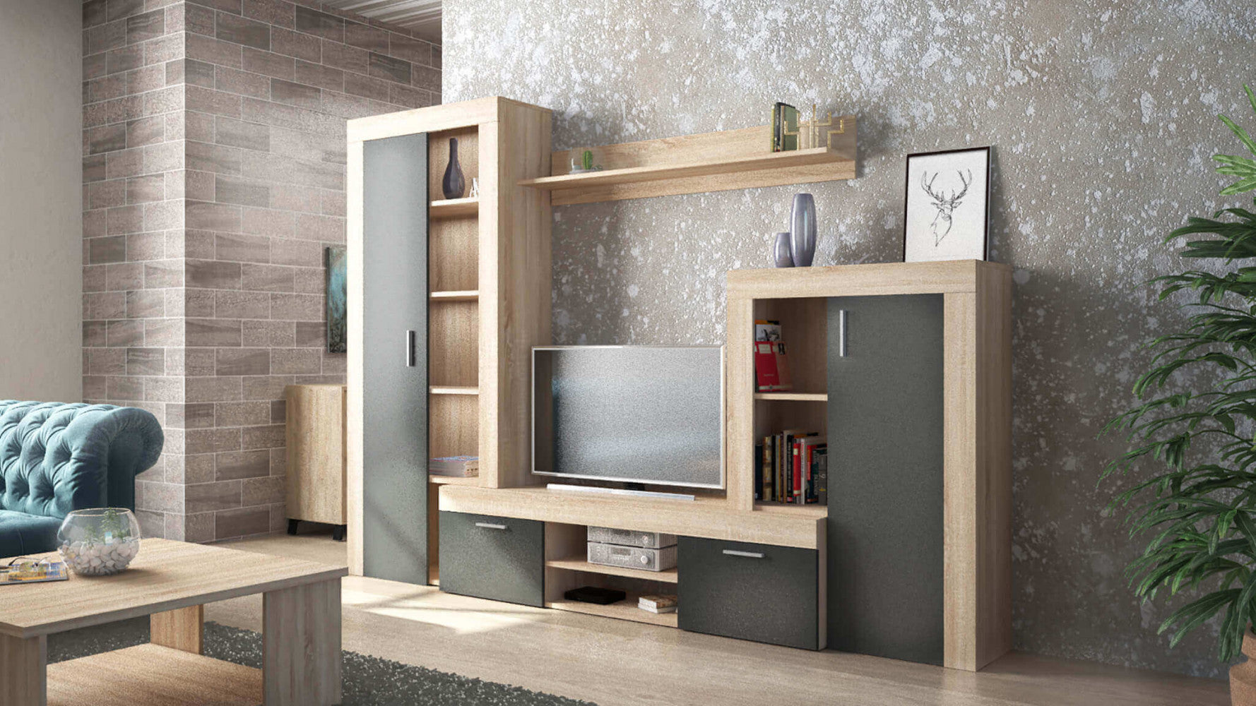 Parete soggiorno nobel antracite e quercia chiaro