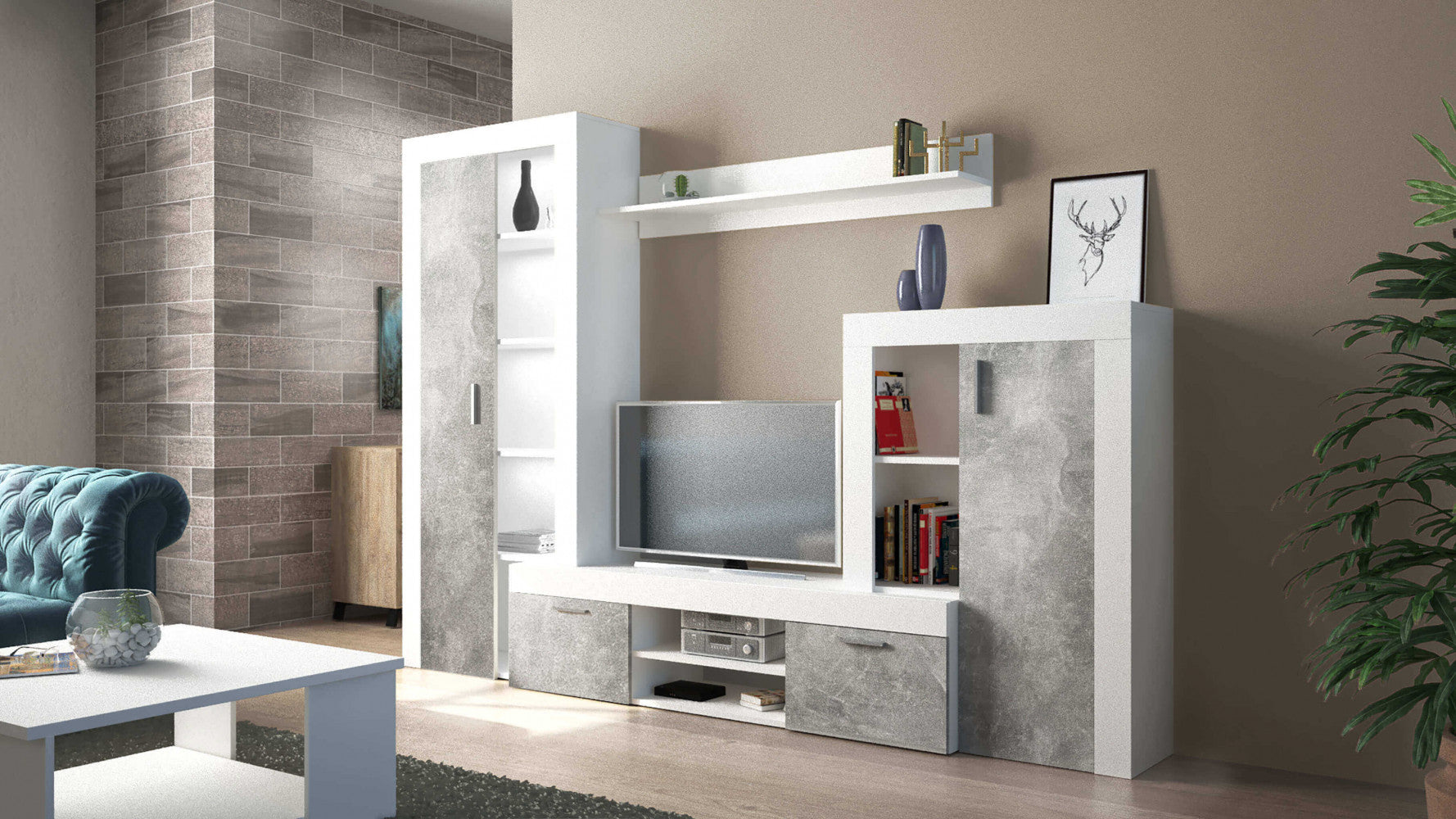 Parete soggiorno nobel bianco e grigio effetto cemento