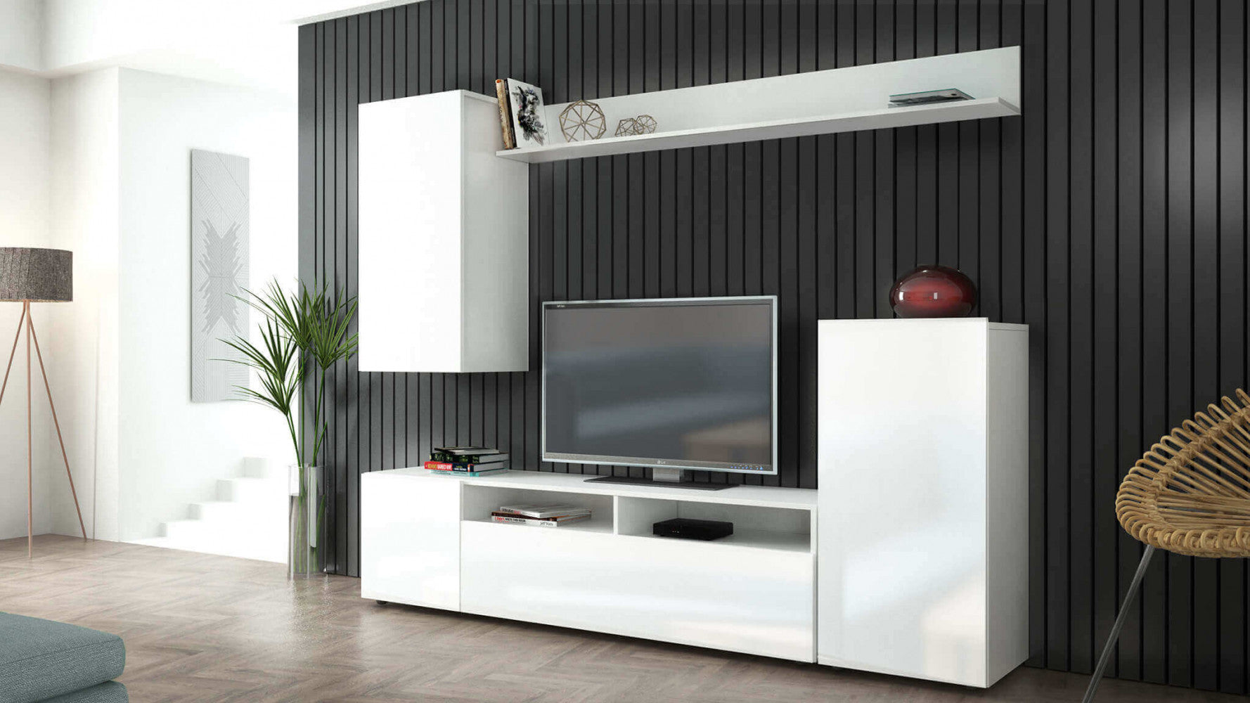 Parete soggiorno bridge bianco e bianco lucido