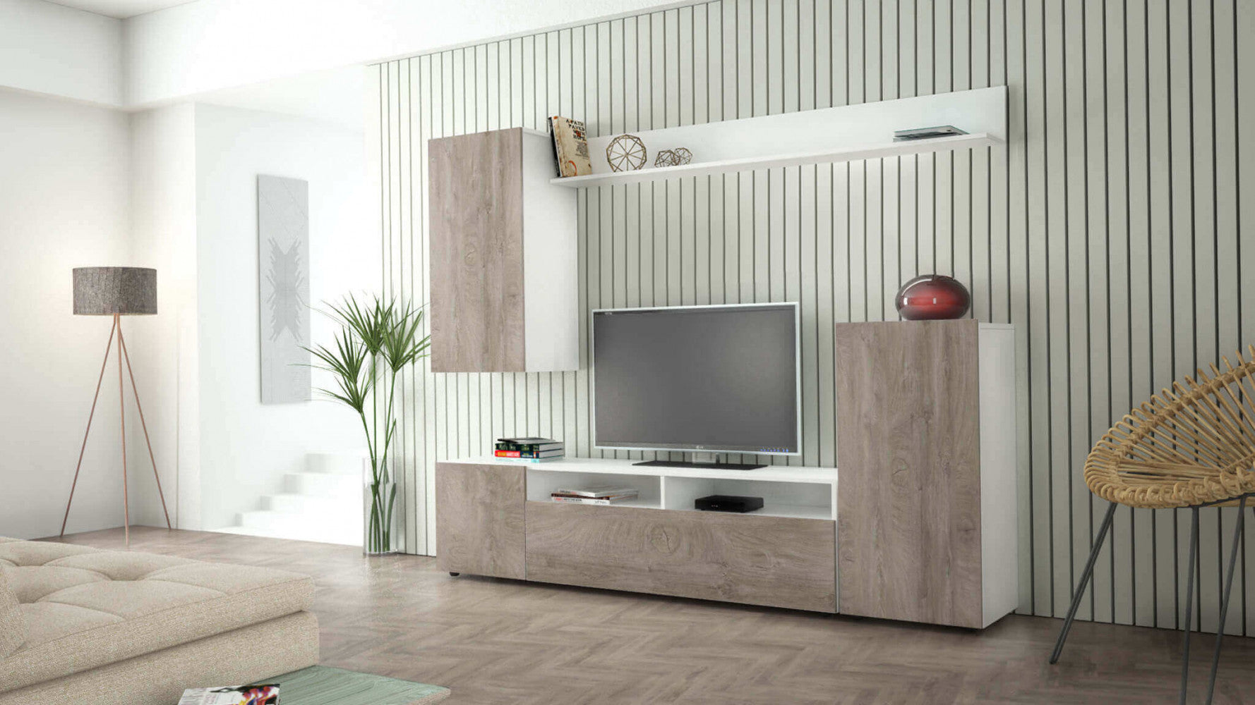 Parete soggiorno bridge bianco e rovere chiaro