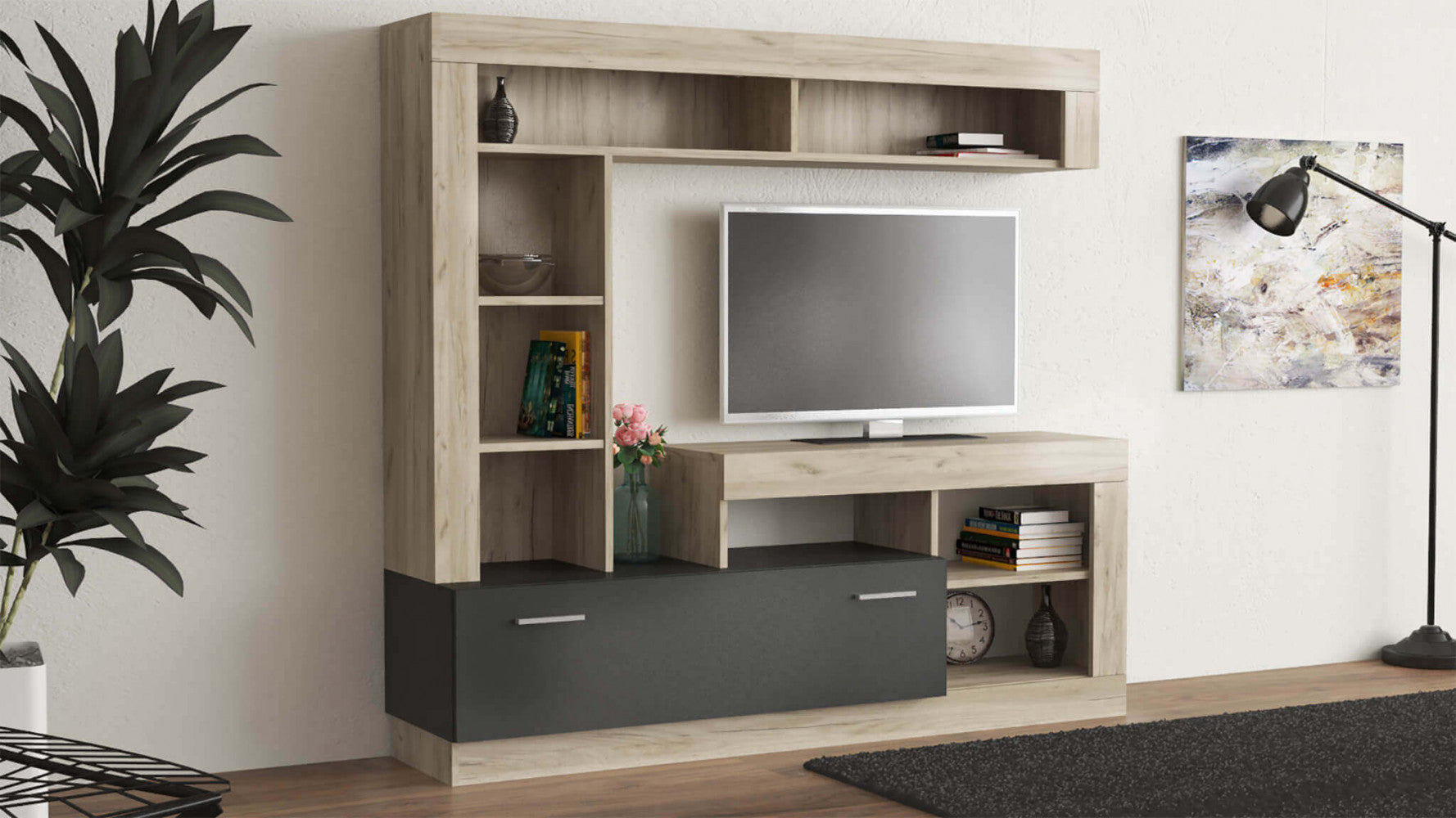 Parete soggiorno leonard antracite e olmo