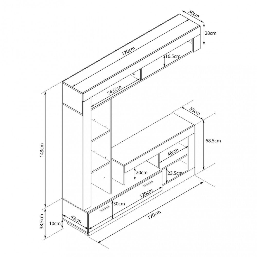 Parete soggiorno leonard antracite e olmo