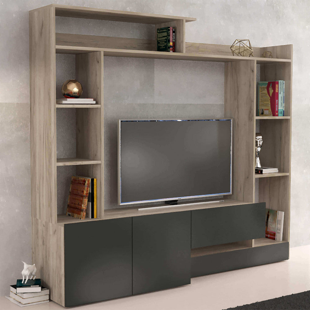 Parete soggiorno entry antracite e olmo