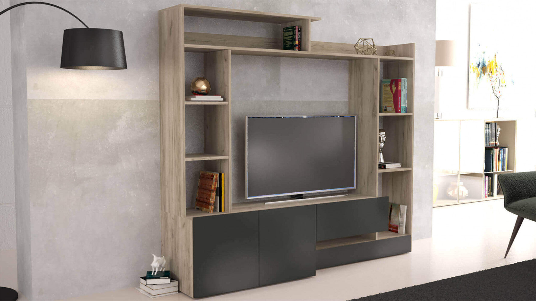 Parete soggiorno entry antracite e olmo