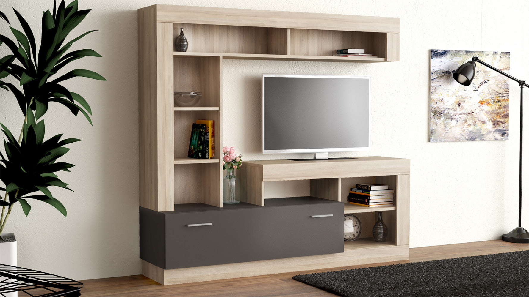 Parete soggiorno leonard olmo e grigio