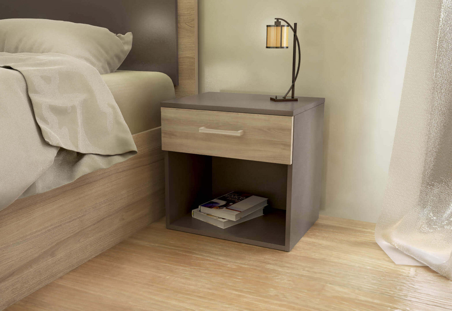 Comodino nightstand grigio e olmo