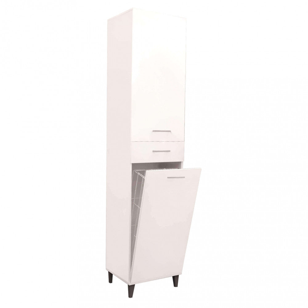 Column unit with glossy white laundry basket