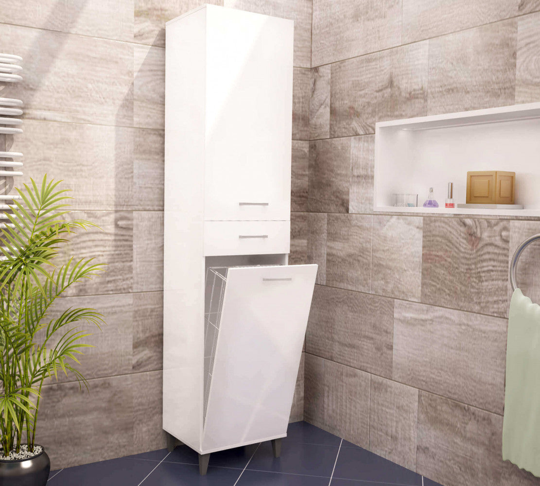 Column unit with glossy white laundry basket