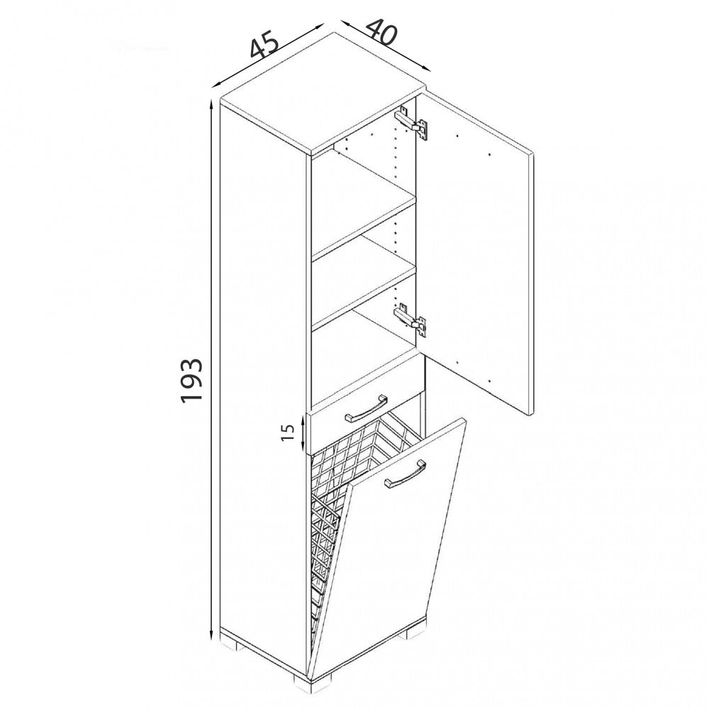 Column unit with glossy white laundry basket