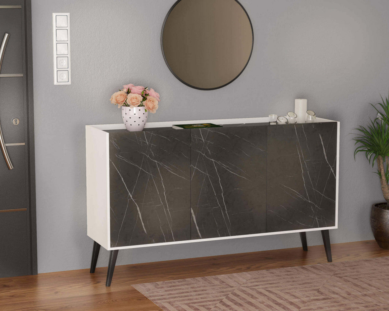 3-door cabinet in glossy white and anthracite marble effect