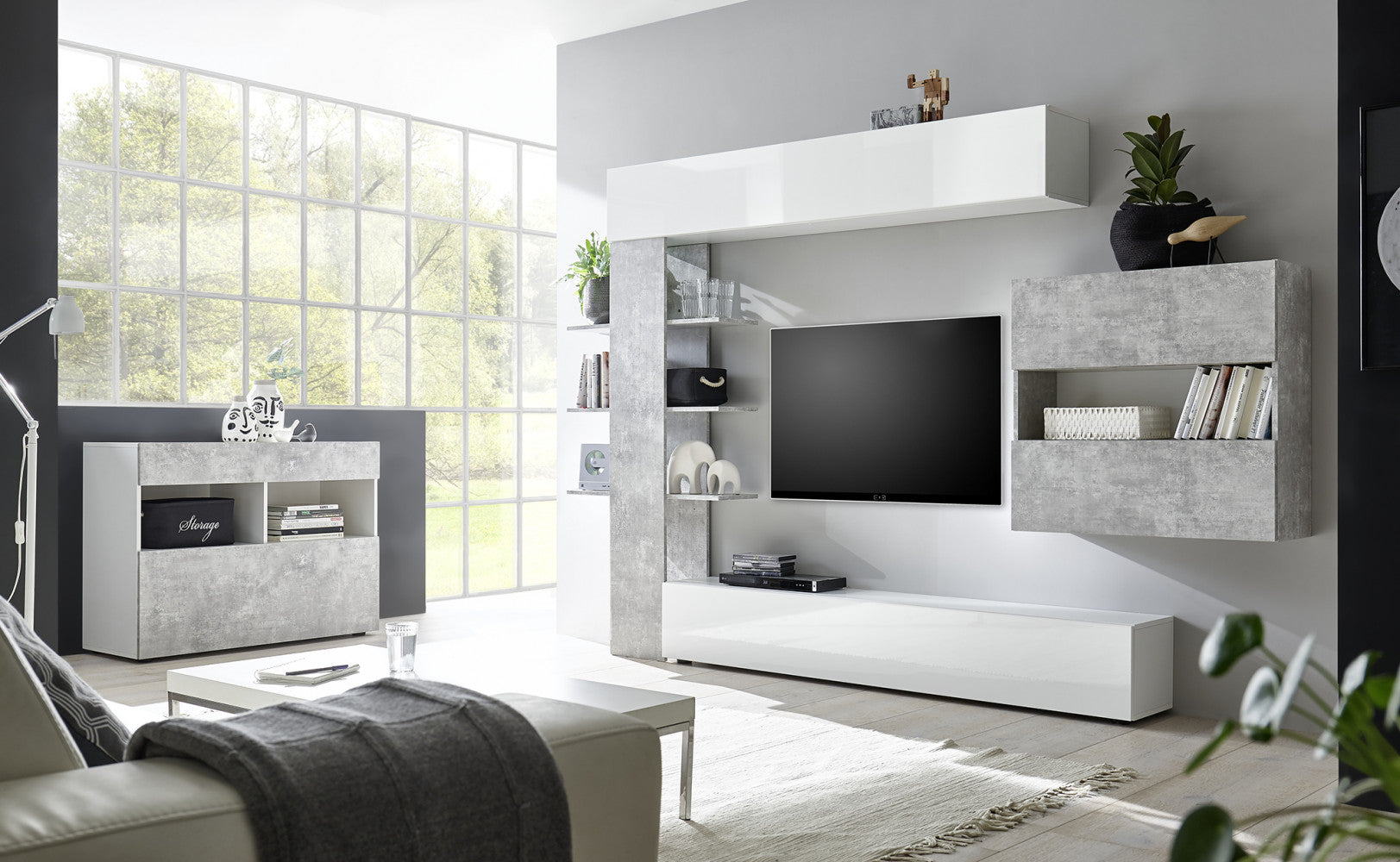 70 90 07 - 2b soggiorno comp. 2 bianco lucido/cemento enea