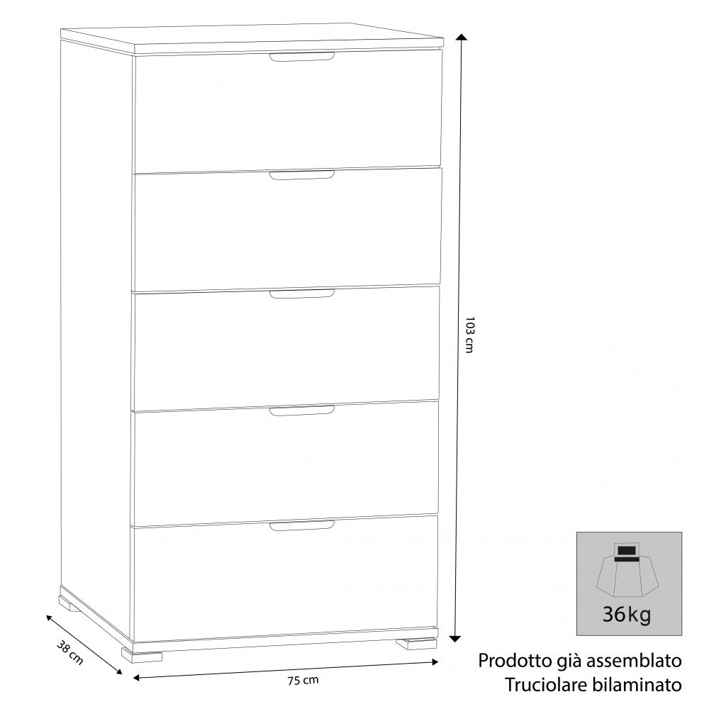 Mobiletto 5 cassetti rovere grigio