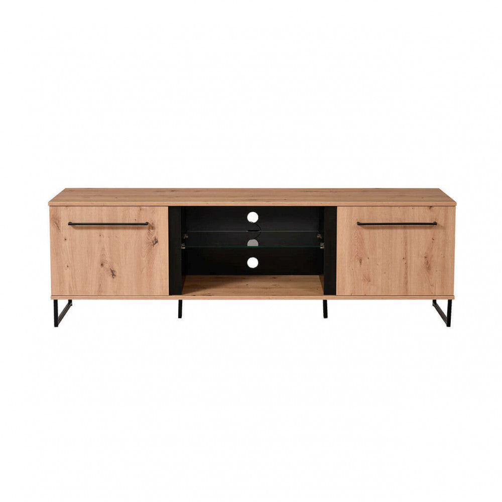 11008229 Sardinian artisan oak and black TV stand