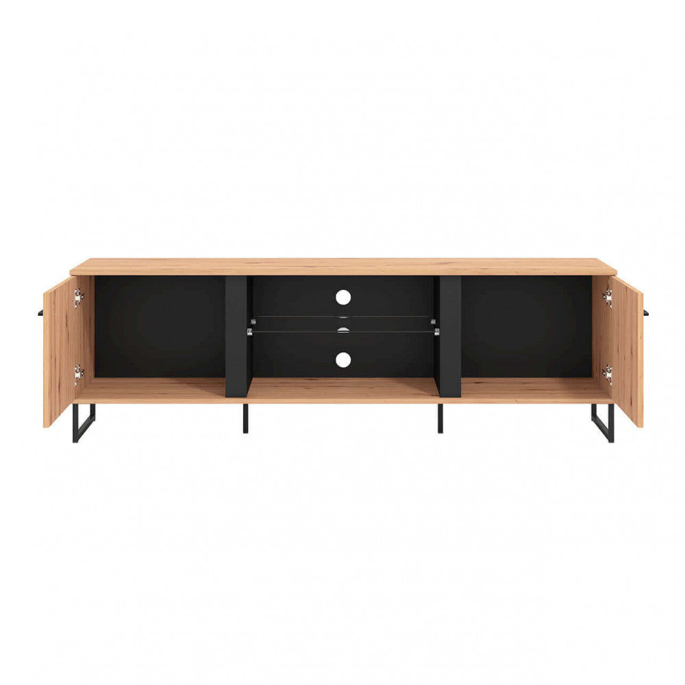 11008229 Sardinian artisan oak and black TV stand