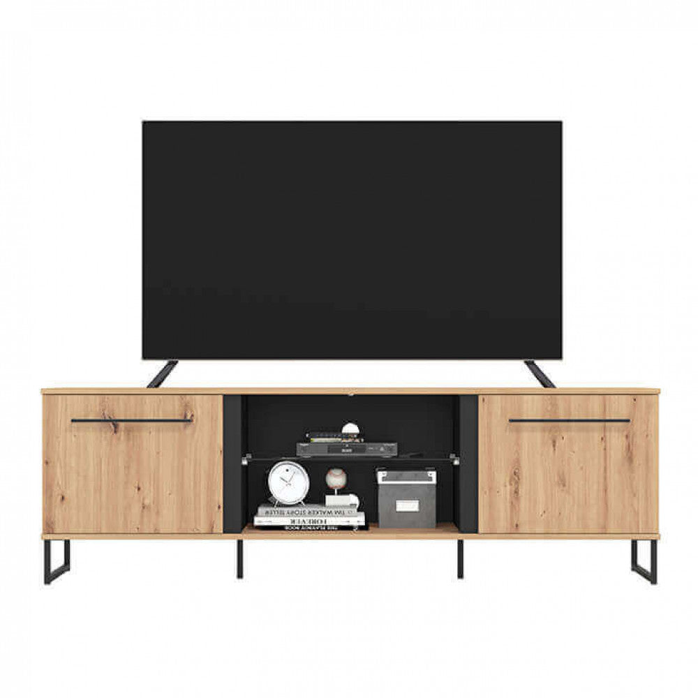 11008229 Sardinian artisan oak and black TV stand