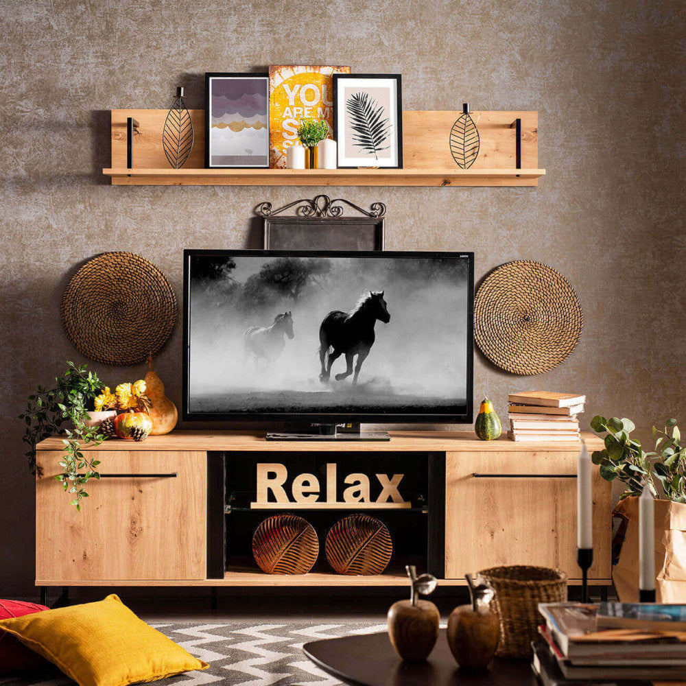 11008229 Sardinian artisan oak and black TV stand